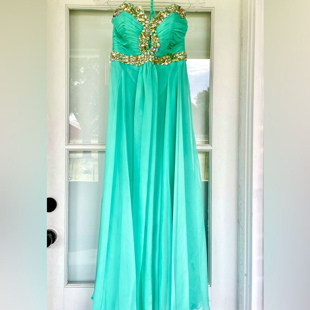 Blue/Green Embellished Strapless Gown